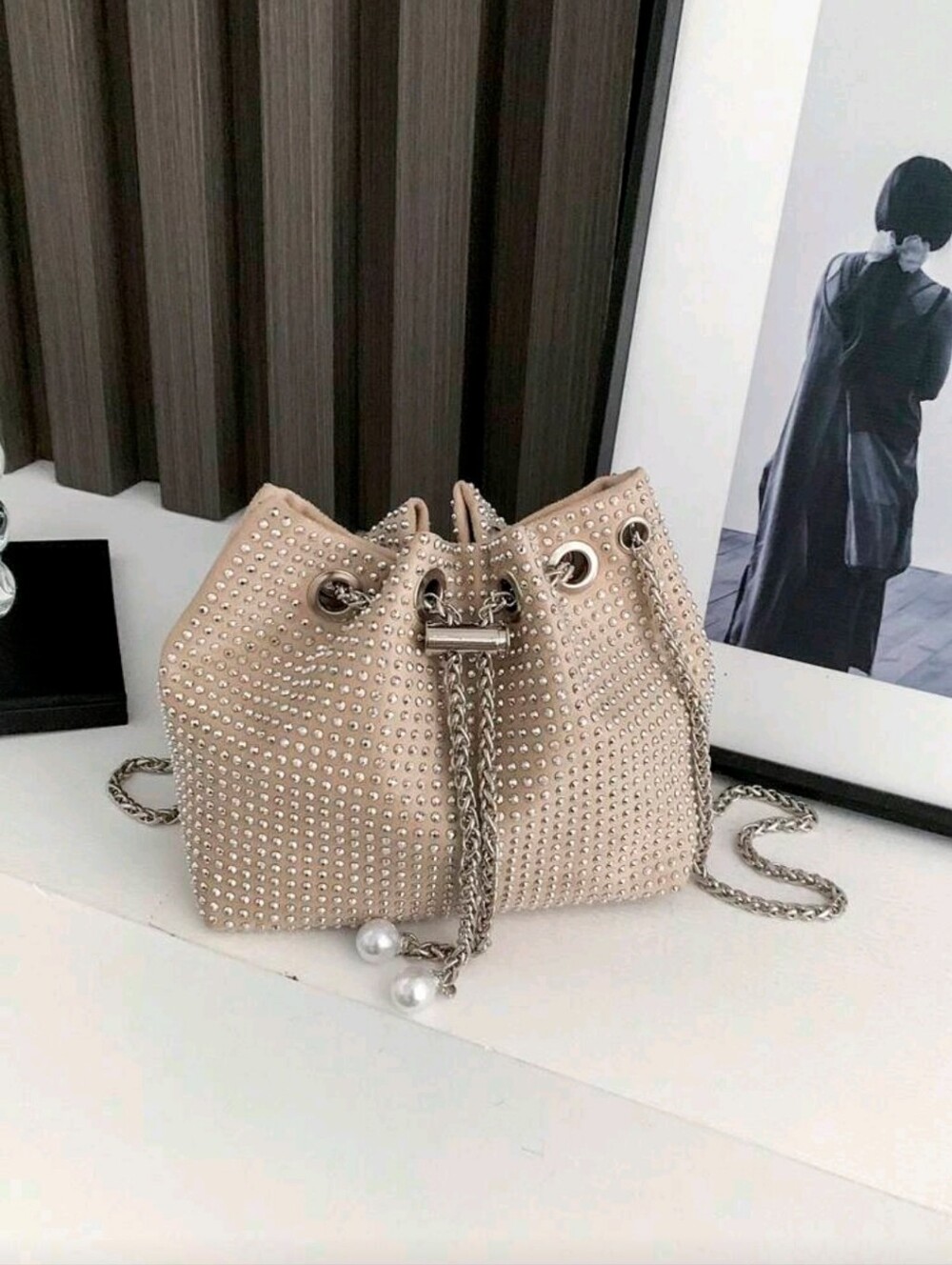 Women Glamourous Beige Rhinestone Flashy Formal Date Night Party Strap Bag